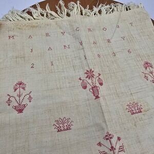 Antique 1836 Mary Crout Hand-Stitched Show Towel Linen Red Embroidery Macrame